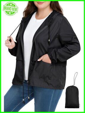 Plus Size Rain Jacket Lightweight Packable Hooded Windbreaker